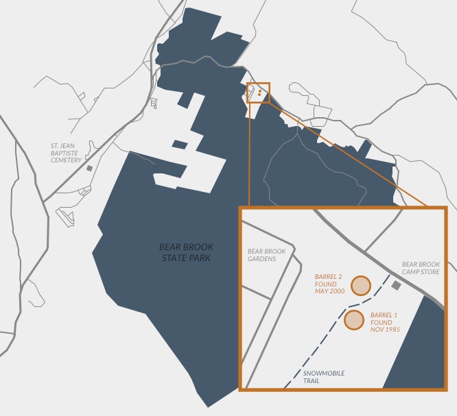 Map of Bear Brook State Park showing the two barrel discovery sites