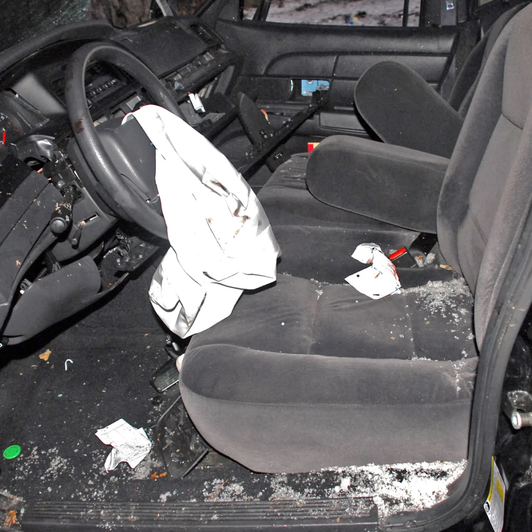 Interior of Maura Murray's Saturn, deployed airbag