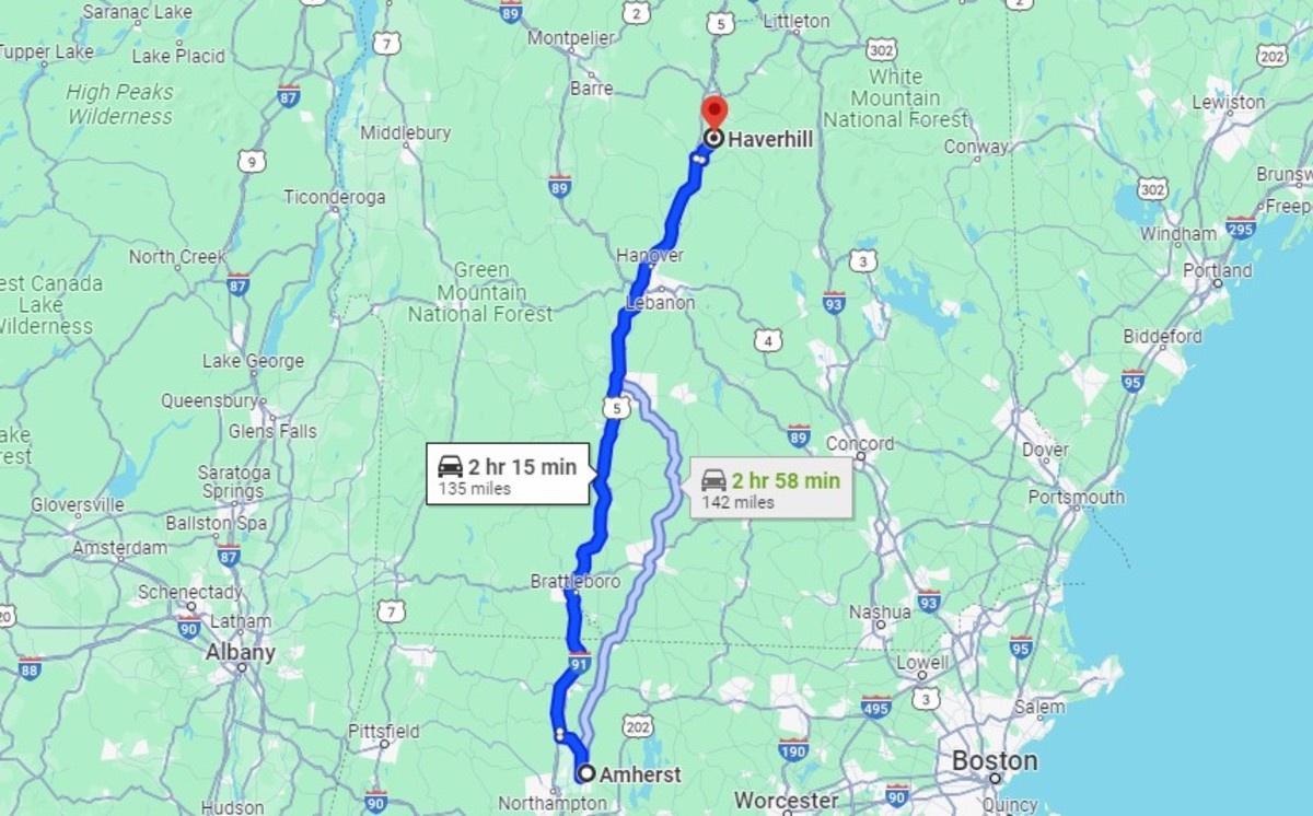 Route map from Amherst, MA to Haverhill, NH